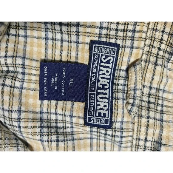 Structure Shirt Men XL Beige/Black Plaid Cotton Short Sleeve Office Nerd Dad - Picture 7 of 9